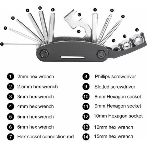 Outil multifonction de vélo, outils 16 en 1 pour sac d'outils portables de vélo avec outil à chaîne et levier de correction de pneu, patch de vélo auto-adhésif, etc. (1/3)