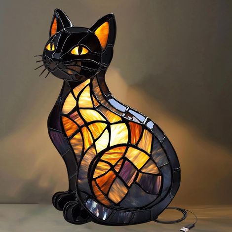 Lampe chat générique en vitrail, lampe chat pour amoureux des chats, lampe chat lumineuse, lampe de table chat rétro [Classe (L033) (1/5)
