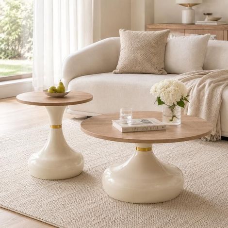 Table basse deux tailles plateau rond effet travertin élément combinable (1/5)