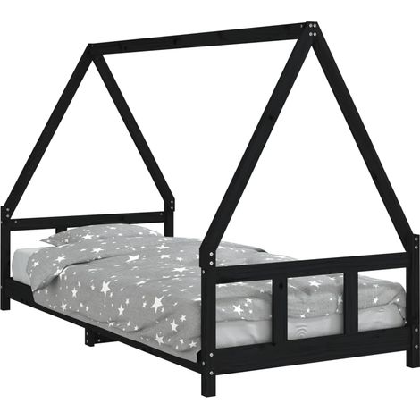 Cadre de lit pour enfants noir 90x200 bois de pin massif (1/5)