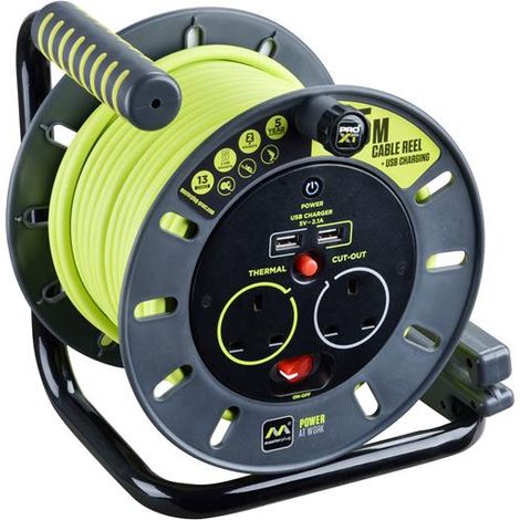 Masterplug OMU25132USL-PX PRO-XT Open Cable Reel 240V 13A 2-Socket & 2 USB (2.1A Shared) 25m MSTOMU25132
