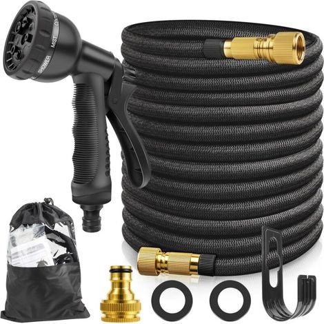 Tuyau Arrosage Extensible 15m/50ft, Tuyau d'Arrosage Flexible avec 8 Types De Jets, Tuyaux d'Arrosage Avec Raccords En Laiton Massif Et Noyau En Latex à 4 Compartiments, Tuyau d’Eau Réglable