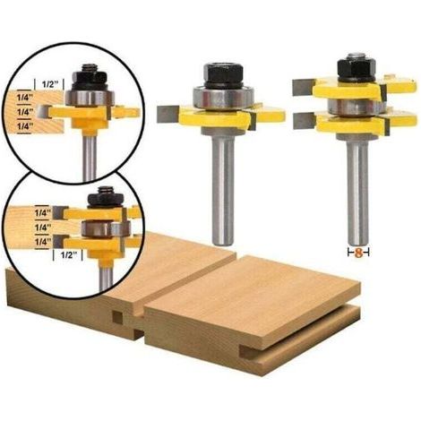 Ensemble de couteaux à languette, ensemble de couteaux à languette et rainure assortis à tige de 8 mm Couteau en T à 3 bords pour outils de travail du bois de bricolage -