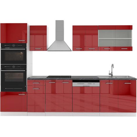 Cucina componibile R-Line, Bordeaux lucido/bianco, 300 cm con armadio alto, PL Antracite, Vicco
