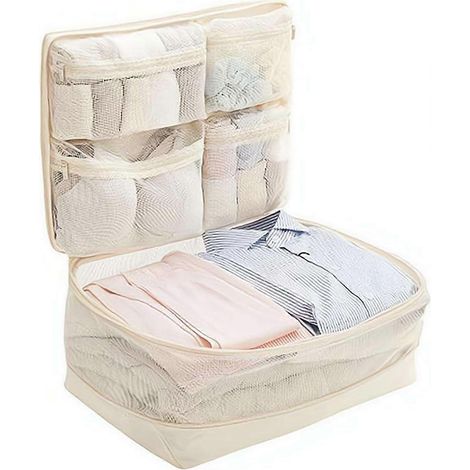 Cube de rangement compressible 5 en 1 organisateur de bagage suspendu 4 compartiments vêtements valise voyage lavable machine - Oat (1/5)