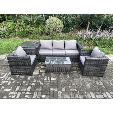 Fimous Rattan Garden Furniture Set with 3 Seater Sofa Coffee Table Side Table 2 Armchairs Indoor Outdoor Patio Lounge Sofa Set Dark Grey Mixed (1/4)