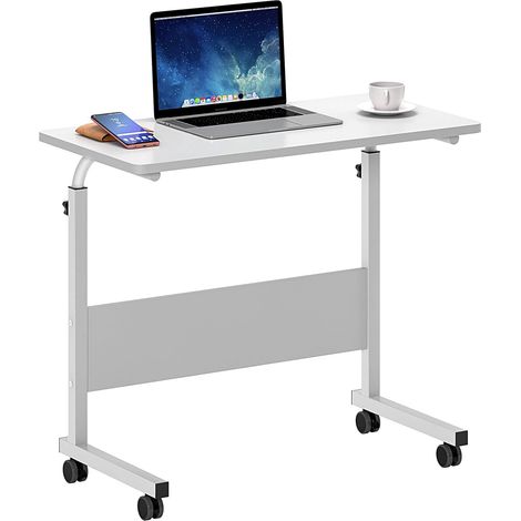 Soges – Table d'appoint réglable en hauteur 71-90 cm – Plateau MDF résistant aux rayures – 4 roulettes verrouillables – 80 x 40 cm – Blanc