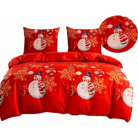 Biancheria da letto natalizia in raso di cotone 160x200 + federe con albero di Natale, bolle e pupazzo di neve (1/5)