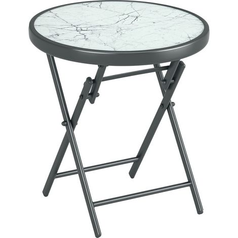 Klappbarer Couchtisch/Beistelltisch mit Tischplatte aus gehärtetem Glas in Marmoroptik und rundem Metallgestell, Ø 45 x 50 cm, weiß (1/5)