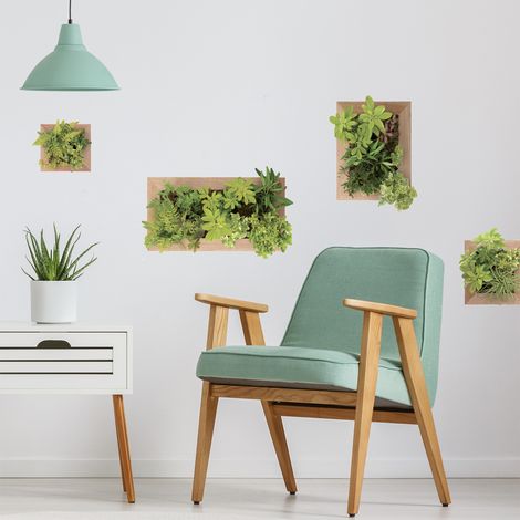 Sticker décoratif, photo de jardinière en bois mural avec des plantes vertes, 68 cm X 48 cm (1/2)