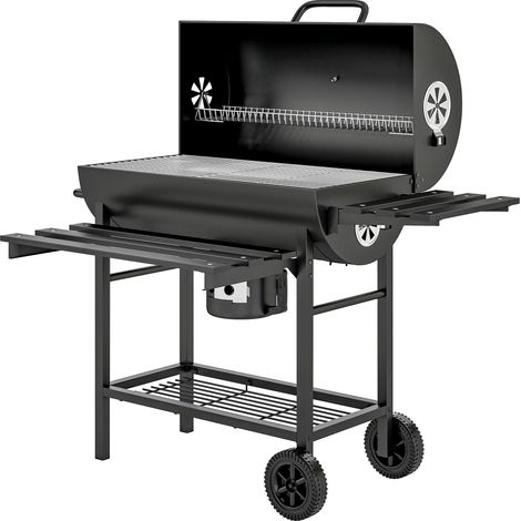 Barbecue charbon de bois avec tablette avant pliable, avec grille de cuisson, 2 roues, 114 x 65 x 95 cm, noir