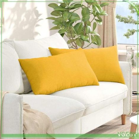 2 coussins de canapé, velours côtelé jaune clair, 80 x 40 cm, housses amovibles, décoration intérieure salon chambre (1/5)
