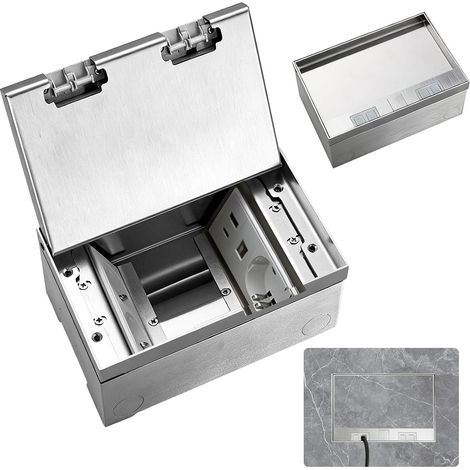 Boîtier de sol encastré – Prise de sol encastrable en acier inoxydable, étanche et rétractable, avec 3 prises et 2 ports réseau pour cuisine, salon, bureau (1/5)