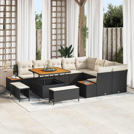Salon de Jardin en Rattan Synthétique et Acier avec Table Réglable Noir et Crème 12 pcs - PANGIVO (1/5)