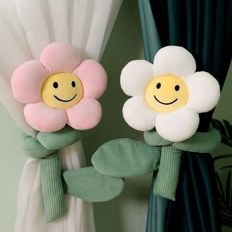 Attache-rideaux souple et flexible, motif tournesol décoratif en peluche, idéale pour la chambre d'enfant ou le bureau à domicile. Couleur : blanc. Longueur totale : environ 95 cm. (1/5)