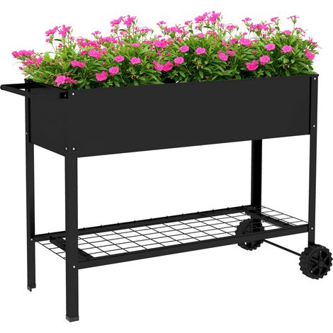 Outsunny Hochbeet mit Rollen, 109 l Pflanzgefäß, integriertes Bewässerungssystem, schwarzes Metall, Höhe 80 cm