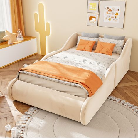 Letto bambino 90x200 cm con testiera alta e sponde di sicurezza, velluto beige, uso quotidiano (1/5)