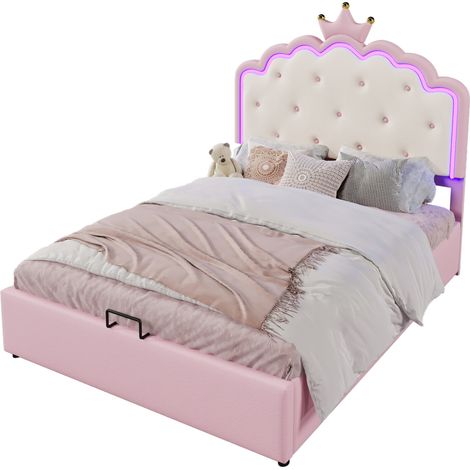 Letto per bambini 140x200 cm con rete a doghe, luce LED, contenitore idraulico e testiera a corona, stile principessa rosa, senza materasso - CHICFURN (1/5)