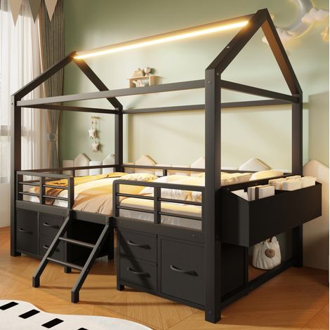 Cama alta infantil 90x200 cm de metal negro, con almacenaje para niños, sin colchón FloraGrace (1/5)