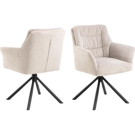 Chaise de salle à manger avec accoudoirs, tissu beige, structure 4 étoiles, structure en acier revêtu par pulvérisation, noir mat, rugueux, avec fonction rotative, surpiqûre (1/5)