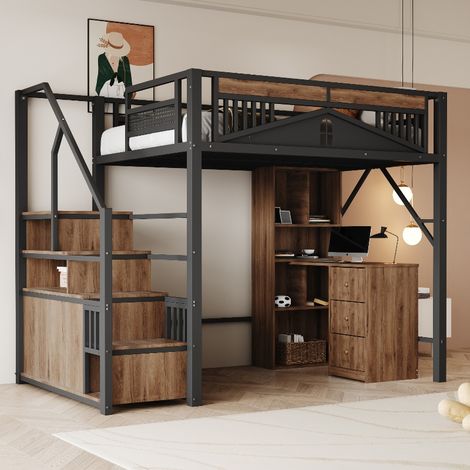 Metall-Hochbett 140x200 cm mit Treppe und Stauraum, stabiles Loftbett für Jugendliche mit Schrank, Sicherheitsgitter und viel Platz unter dem Bett, Schwarz (1/5)
