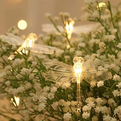 Guirlande lumineuse libellule de 3 mètres (10 pieds) avec 20 LED, style rétro, fil de cuivre, papillons, fonctionne sur piles, décoration (Libellule)
