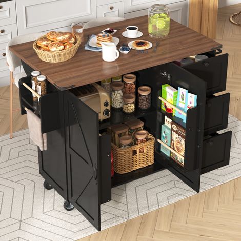 Küchenwagen mit Schrank und 3 Schubladen, Klappbarer Arbeitsplatte, Handtuchhalter, Schwarz, 140×45×92.5 cm