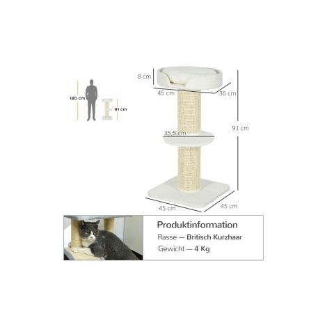 Arbre à chat 91cm, arbre de jeu avec panier pour chat, plateforme en laine d'agneau, crème (1/5)