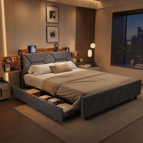 Lit Double 160x200 cm avec 4 Tiroirs, Lit Rembourré avec Ports USB et Type-C, Tête Inclinée 95° et Rangement Caché, Gris (1/5)