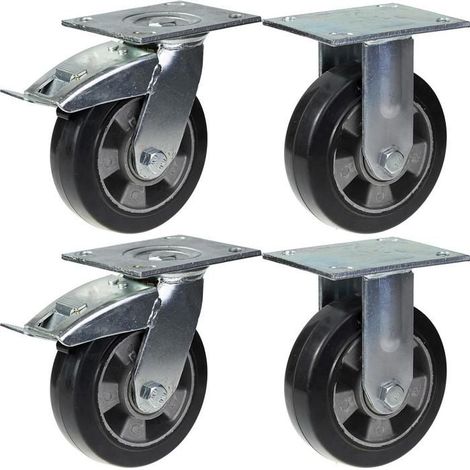 Wheels - 152mm - Black Rubber - Set of 4 - Swiveling with Brake