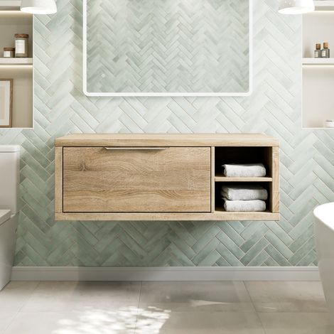 1100mm Bathroom Vanity Unit Countertop Wall Hung With Shelves Grey Handle Oak Wood No Basin - RH Shelves (1/4)