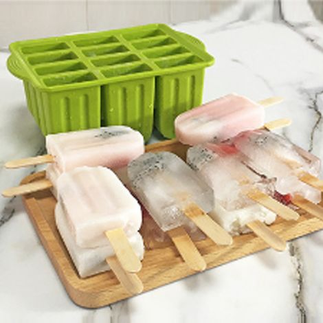 Moule à glace en silicone à 12 compartiments avec couvercle et bâtonnets, vert (1/5)