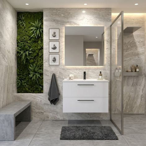 Mobile Bagno Sospeso 80 cm con 2 Cassetti e Lavabo Incluso Bianco Satinato – Reva
