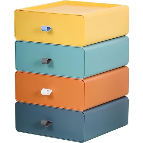 4pcs Boite Rangement, Tiroir Plastique Empilable, Poignée Silicone, Coins Arrondis, Pour Bureau Salle de Bain (1/5)