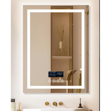 Miroir Salle de Bain LED Bluetooth 5.2 Éclairage Intégré Horloge 60x80cm Rétroéclairé 4 Boutons Lumineux Gradable Connecté Antibuée Mémoire IP65 (1/5)