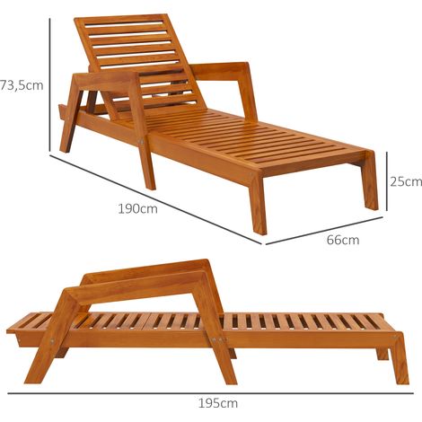 Transat de plage, Chaise longue, Transat de jardin, Transat de relaxation pour piscine, balcon, Portée jusqu'à 120kg, En bois de teck massif, 66x170x77cm (1/5)