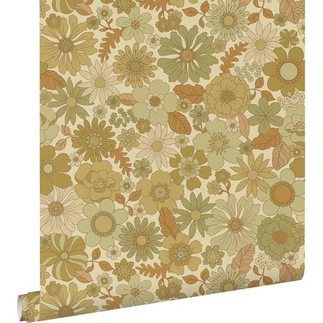 papier peint fleurs rétro vert grisé  - ESTAhome (1/5)