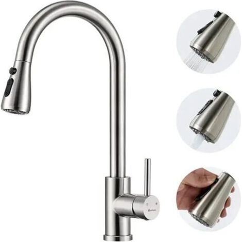 Mitigeur Cuisine Brossé Rotatif à 360° Robinet de Cuisine avec Douchette Extractible en Acier Inox Robinetterie Cuisine d'Évier avec 3 Modes