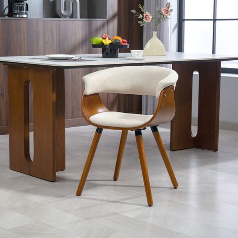 Sedia da pranzo, tessuto effetto lino, schienale curvo, gambe in legno, beige (1/5)