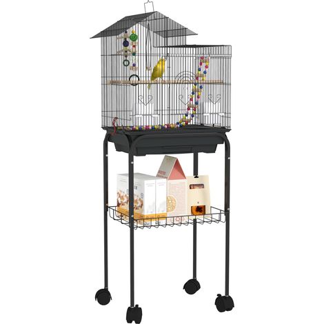 Gabbia uccelli su ruote 46x36x120 cm, 2 mangiatoie, 2 trespoli, ripiano, per pappagallini, calopsitte, conuro, fringuelli, canarini