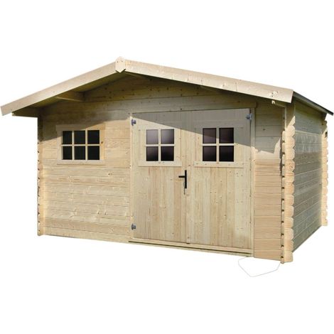 Habitat Et Jardin – Abri de jardin en bois 19,72 m² – Dimensions 4,64 x 4,25 x 2,32 m – Épaisseur 28 mm – 2 portes ouvrantes – Toit en panneaux de particules (1/3)