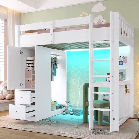 Lit mezzanine 90x200 cm -  4 tiroirs et 1 armoire - Avec bureau et penderie - Avec LED et port USB - Blanc(matelas non inclus)