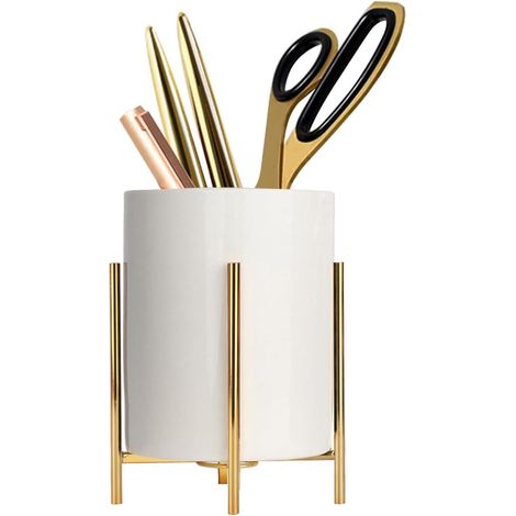 Portapenne in ceramica bianca con supporto dorato, contenitore per scrivania, penne, forbici e accessori, stile moderno ed elegante (12 cm 9 cm) (1/5)