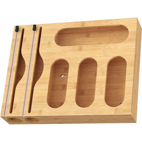 Relaxdays distributeur 6 en 1 films alimentaires, alu, sacs congélation, bambou, mural/tiroir, 43,5x33,5x7,5 cm, naturel