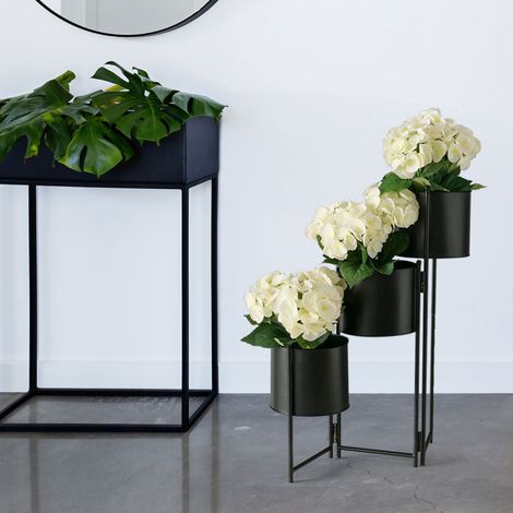 Supporto per piante, portavaso per fiori, 3 contenitori, accessorio per la decorazione del soggiorno, ferro nero, rotondo, LxPxH 51x18x64 cm
