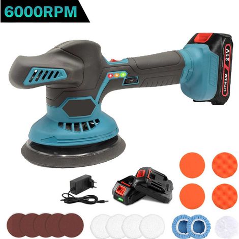 Polisseuse de voiture sans fil 21V, Polisseuse 150 mm, 2800-6000 tr/min 6 vitesses réglable, 2 batteries, Accessoires multiples (1/5)
