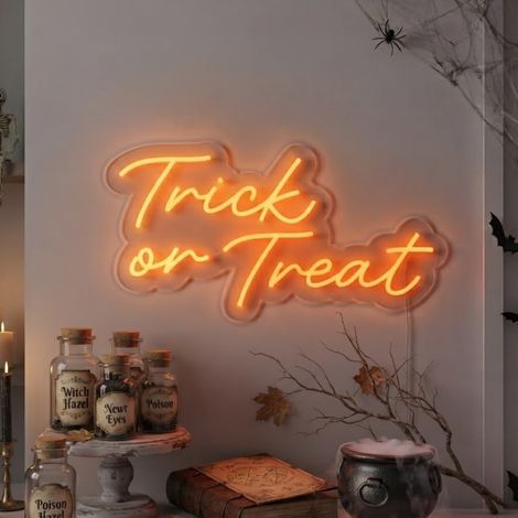 Glowing Orange Neon Trick Or Treat Sign (1/2)