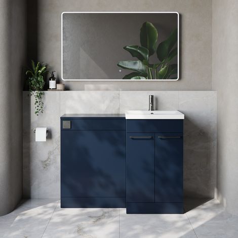 Napoli 390 Cento Deep Blue 1100mm 2 Door Vanity Unit Toilet Suite with Glide Basin - 1100mm - Gunmetal Grey 160mm HandleWithout Kingston Toilet Pan