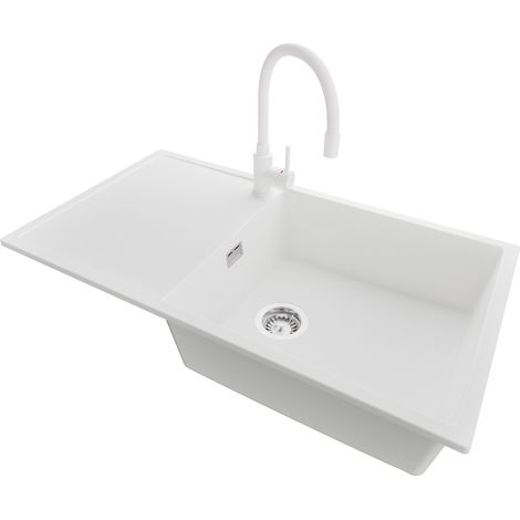 PRIMAGRAN Evier Cuisine en Granit 90x50cm,Lavabo 1 bac + Robinet 38x14cm + Kit de Vidage, Évier à Encastrer au meuble 60cm - Ibiza, Blanc (1/5)
