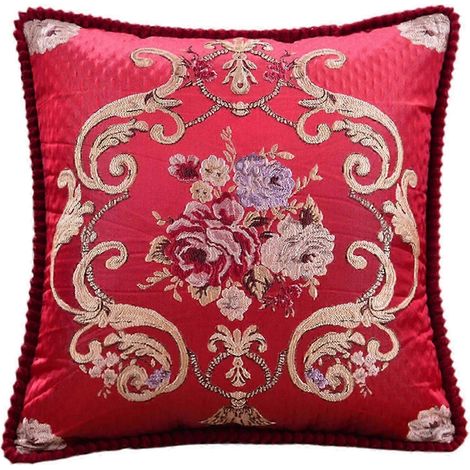 Housse de coussin brodée, housse de coussin carrée décorative, housse de coussin florale de luxe, taie d'oreiller décorative-Red (1/5)